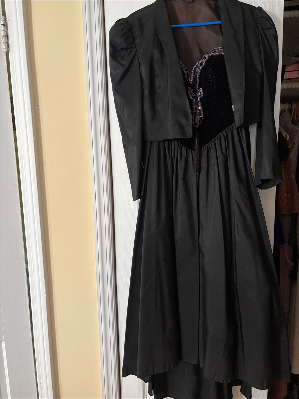 Vera Mont Black Evening Gown with Purple Embroidery